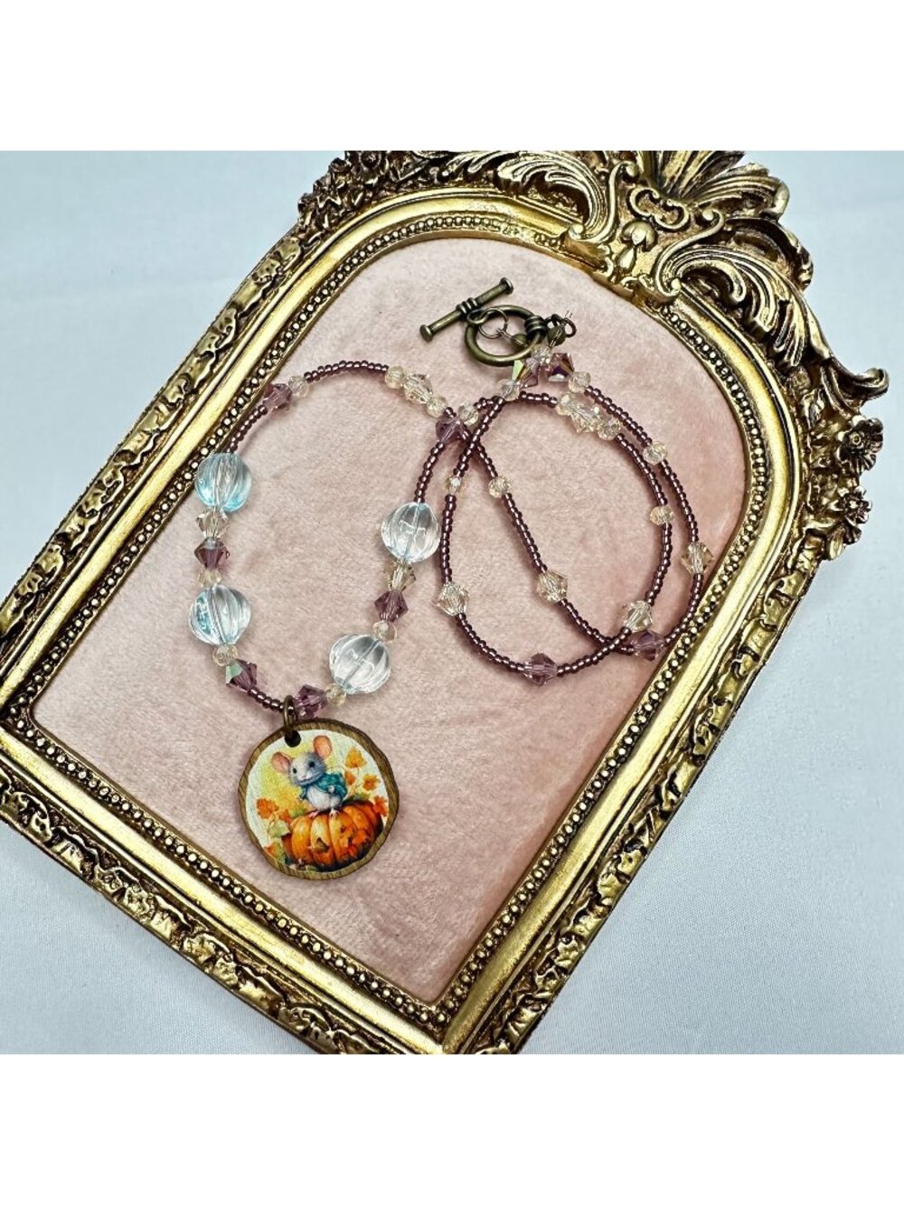Handmade Mouse & Pumpkin Pendant Necklace Czech Glass & Austrian Crystal Purple